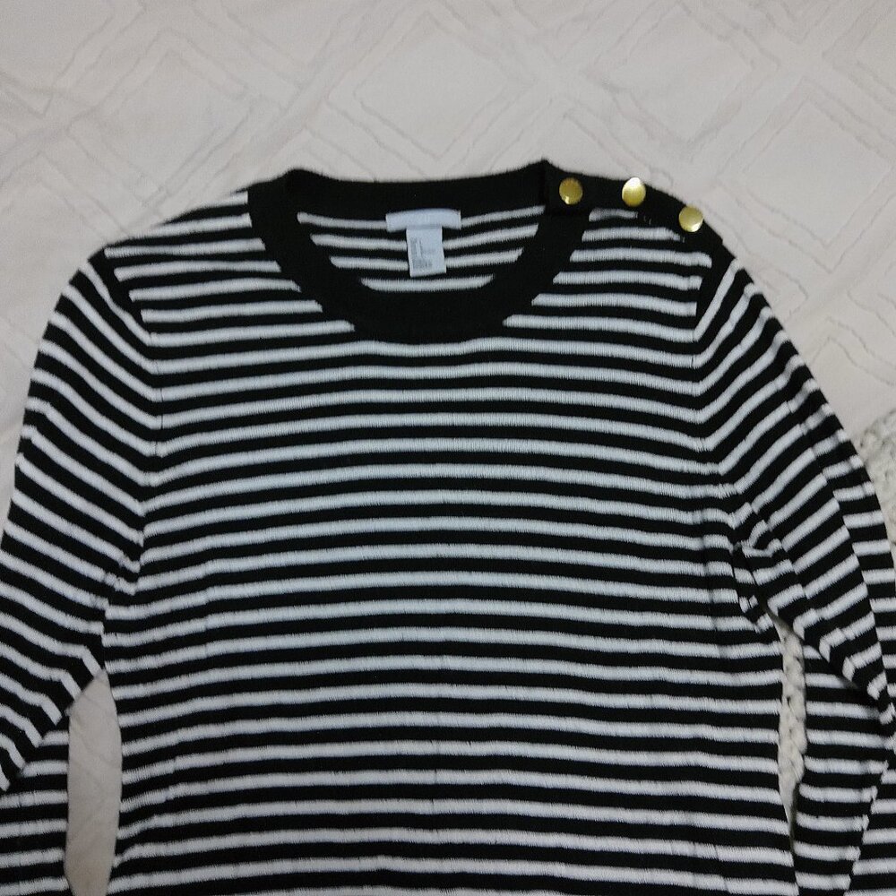 Black & White Stripped Sweater with Gold Button Accents